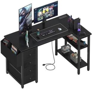 L Shaped Gaming Desk W/ Power Strip, Black