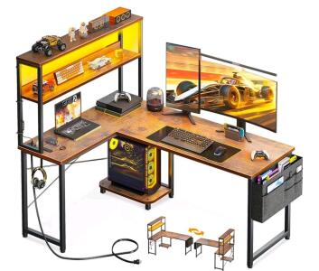 L Shaped Desk Gaming Desk with LED Light & Power Outlet, 53 Inch