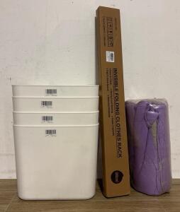 (4) White Plastic Storage Bins 12&rdquo;x12&rdquo;, Invisible Folding Clothes Rack 31.5&rdquo; Tall, 6&rsquo;x6&rsquo; Purple Rug with Anti Slip Back