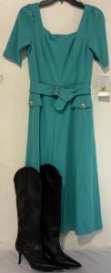 Womens Hayleigh Solid Faux Leather Knee-High Boots Black 7.5 Medium & Maison Tara Women's Square Neck Belted Midi Dress Aqua Size 4