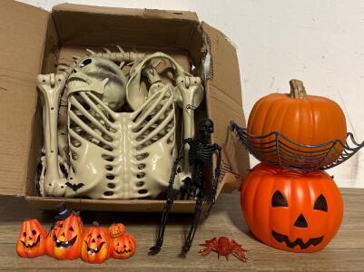 Outdoor Halloween Skeleton, Pumpkin Decor And Spiderweb Bowl