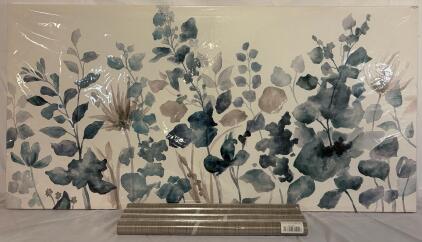 Large Blue Floral Canvas Art Print & (4) Rolls Of Matte Grey Wood Grain Peel & Still Wallpaper