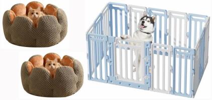 Indoor Pet Playpen W/ Floor Suction Cups & (2) Soft Small Animal Pet Beds