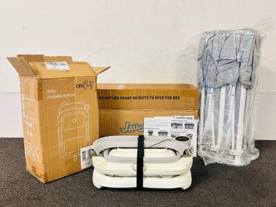 Jaucya Foldable Baby Playpen 51"x 51", Grey, Easy Set Up and (1) OFA Baby Collapsible Travel Baby Bathtub (Both New in Box)