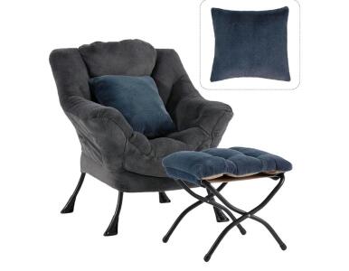 Plush Lazy Chair with Ottoman, Large Blue Gray Lounge Accent Chair with Ottoman and FA Throw Pillow