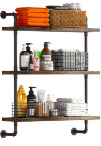 Helsin 3 Tier Industrial Iron Pipe Shelf With Rustic Wood Floating Shelves- 24-Inch