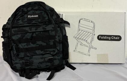 Blue Camo Backpack & Camping Folding Chair