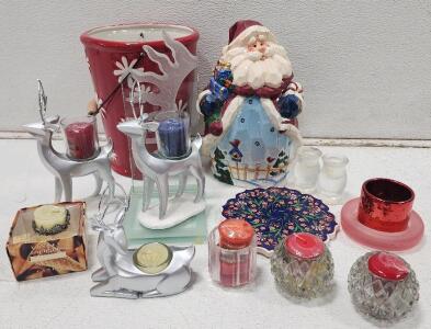 (3) Yankee Candle Shimmering Forest Silver Reindeer Tea Light Holders (1) 2004 Youngs Heartfelt Kitchen Christmas Santa Cookie Storage Jar (1) Frosted Glass Art Sculpture And Assorted Candles And Candle Holders