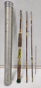 (1) Vintage Wright & McGill All American JCSS Fishing Rod (1) Metal Fly Fishing Rod Tube