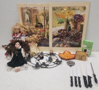 (1) Bulova Walking Liberty Gold Coin Hidden Clock (2) 12" x 6" Alan Krosnick Photo Prints (1) Vintage Pewter Door Knocker And More