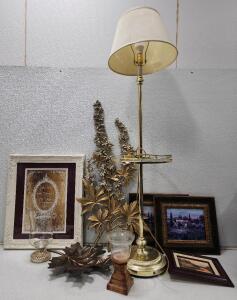 (1) Vintage Mid Century Syroco Dogwood Blossom Branch Gold Cream Wall Hanging (1) Vintage Brass Floor Lamp With An Integrated Glass Table Top (1) Metal Maple Leaf Tray On Feet Copper Tones Coffee Table Centerpiece And More