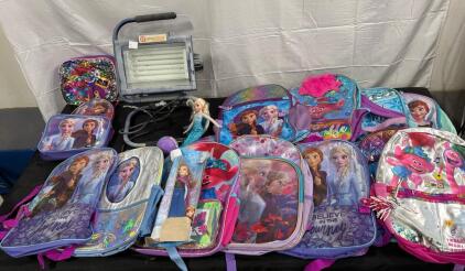 Frozen and Trolls Kids Backpacks & More, Lunch Bags & Dolls &ndash; Elsa, Anna, Poppy, & Portable Work Light 12+ Piece Lot
