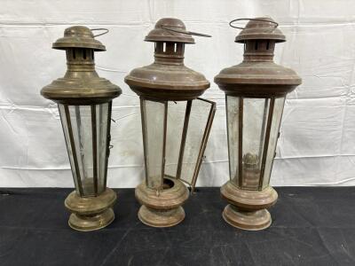 Set of 3 Antique Brass Outdoor Lanterns with Etched Glass Panels, Early 20th Century, 26" Tall