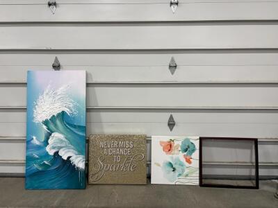Set of 4 Wall Decor: Ocean Wave Canvas, Glitter Quote Sign, Floral Art, Wood Frame (Cracked Glass)