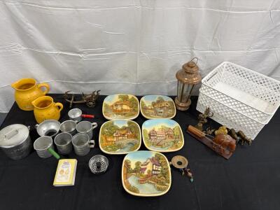 Vintage Collectibles Lot: Cottage Plates, Yellow Pitchers, Metalware, Brass Decor, Precious Moments