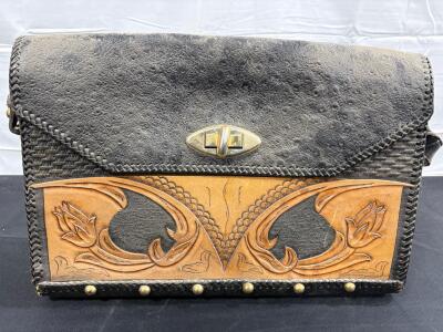 Vintage Tooled Leather Shoulder Bag Handcrafted Floral Western Motif Brass Hardware Black Tan