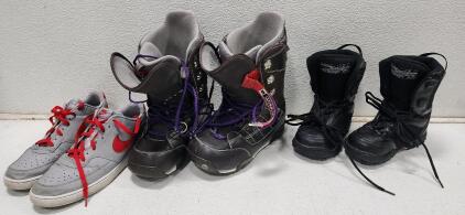 (1) Pair of Size 12 Nike Court Vision Low Sneakers (1) Pair of Size 11 Burton Ruler Matrix Snowboard Boots (1) Pair of Size 3 Black Sims Snowboard Boots
