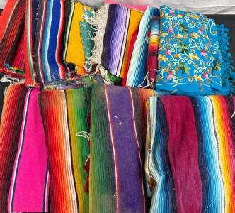 Lot of over 10 Authentic Mexican Serape Blankets &ndash; Multicolor Stripes & Embroidered Floral Throw