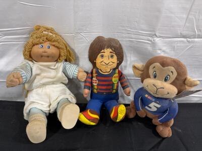 Vintage Cabbage Patch Kids Export Doll, 1979 Mattel Mork & Mindy Talking Doll, NASCAR #5 Monkey Plush