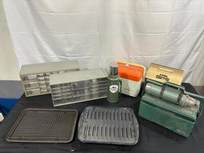 Vintage Stanley Thermos Bottles, Igloo Little Playmate & Tote 6 Coolers, Storage Drawers, Metal Trays