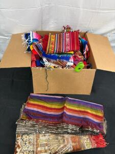 Large Mixed Lot Colorful Decorative Textiles, Scarves & Table Runners, Striped, Sequin, Tapestry