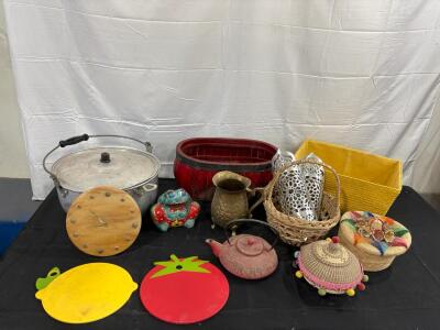 Mixed Lot Home Decor & Kitchenware: Teapot, Planters, Cutting Boards, Baskets, Clock, More