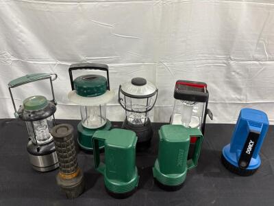 Assorted Lot: 5 Lanterns & 3 Flashlights &mdash; Eveready, Dorcy, Battery-Powered, Portable Utility Lighting