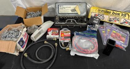 Allied Socket Set, HMC Miter Box Kit, Dryer Cord, Tire Chains, Tool & Hardware Mixed Lot