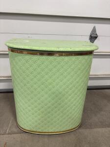 Detecto Vintage Green Metal Laundry Hamper, Hinged Lid, Gold Trim, Embossed Pattern, 1950s&ndash;1960s