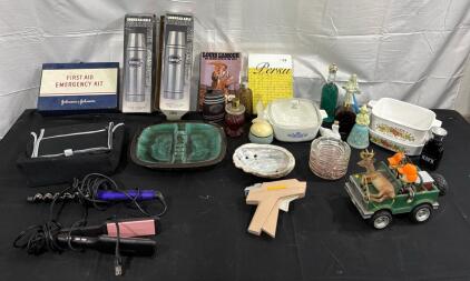 Mixed Vintage Household Lot: CorningWare Bakeware, 2 Hamp Thermoses, First Aid Kit, Decor