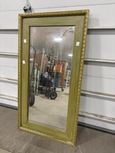 Vintage 1968 Wall Mirror, 49"x27", Ornate Green & Gold Wood Frame, Hanging Wire