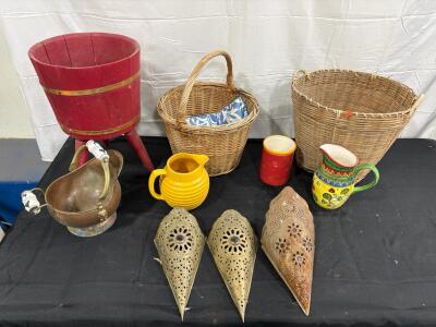 Vintage Decor Lot: Wicker Baskets, Painted Ceramic Pitcher, Brass Firewood Holder & Wall Sconces