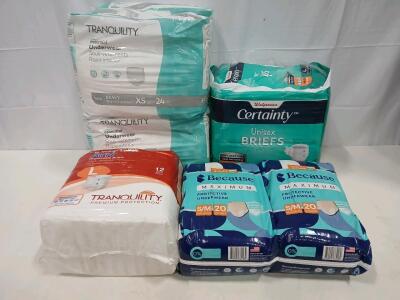 Adult Incontinence Lot &ndash; Tranquility, Because, Certainty &ndash; 180 ct, Multiple Sizes/Styles, Heavy/Max