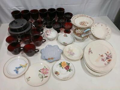 Large Vintage Tableware: Amberina Glass Cups & Goblets, Floral Porcelain Plates & Bowls, 32+ Pieces