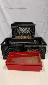 (3) 13&rdquo;x13&rdquo; Plastic Crates (2) 17&rdquo;x9&rdquo; Red Plastuc Organizers