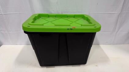 Greenmade Professional Grade 12 Gallon Storage Tote, Heavy-Duty Plastic, Black/Green, Stackable, 22"x16"x12.5"