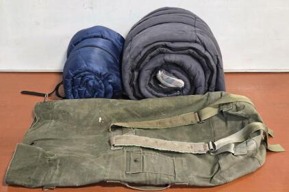 (2) Sleeping Bags & Vintage Military Duffle Bag