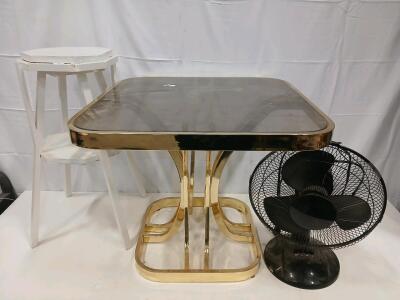 Square Brass & Smoked Glass Modernist Table, White Wooden Stool (1) Black Table Fan