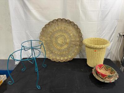Large 34" Ornate Brass Tray With Blue Metal Table Stand, Tall Wicker Basket, Two Decorative Bowls