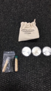 (2) Vials Of Gold Flakes (3) 1 Oz Silver Coins