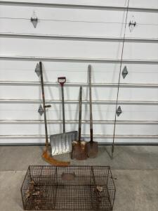 Vintage Garden Tool & Trap Lot: Shovels, Scythe, Ice Chisel, Live Animal Cage, Used