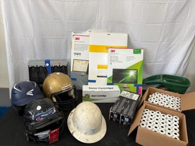 HP 126A Toner Cartridges, 3M 19" & 21.5" Monitor Filters, Helmets, Hard Hat, Receipt Paper