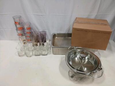 Bulk Stainless Steel Serving Pans, Chafing Dish w/Lid, Assorted Coca-Cola & Glass Tumblers