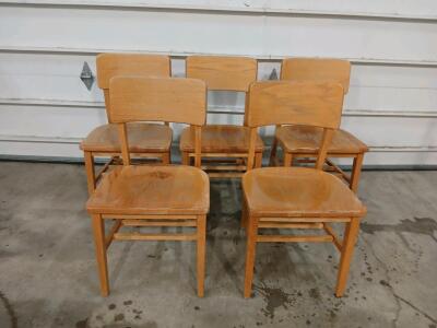 Set of 5 Solid Wood School-Style Side Chairs, Natural Finish, 32" Tall, Curved Backrest