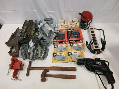 Workshop Hardware Lot: Joist Hangers, Stanley Hasps, Wedge-n-Tie, SKIL Drill, Tools, Power Strip