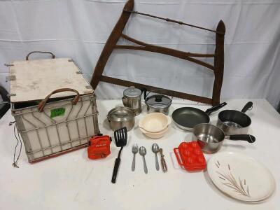 Vintage Camp Kitchen Cooking Kit with Box, Pots, Frying Pan, Utensils, Crosscut Saw