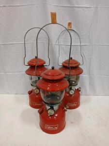 Coleman Model 200A Red Single Mantle Lanterns, Glass Globes, USA, 1960s, Lot of 3