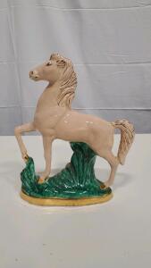 Glazed Ceramic Rearing Horse Figurine, Ivory/Green with Gold Accents, Approx. 12" Tall