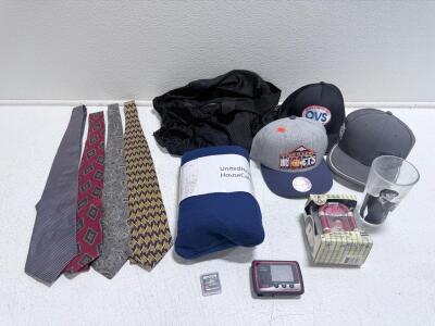 Assorted Men's Accessories Lot: 4 Ties, 3 Caps (Denver Nuggets/OVS), Blanket, Pedometer, Elvis Glass
