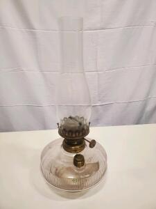 Antique Tabletop Glass Oil Lamp, Ribbed Font, Brass Burner, 14" Tall, Early 20th Century